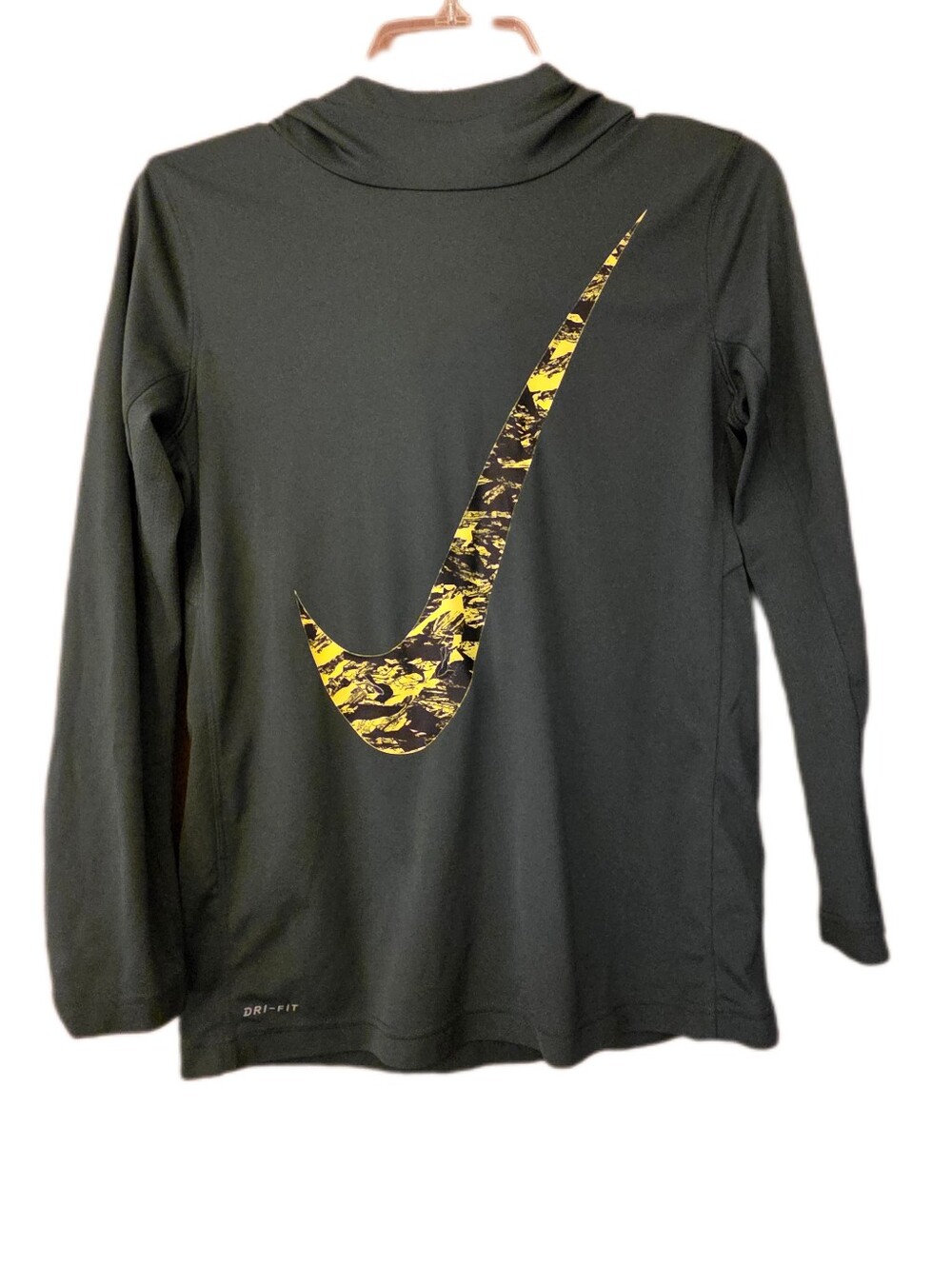 Nike Dri Fit Hooded Training Shirt Dark Green Swoosh Logo Sporty Size Large